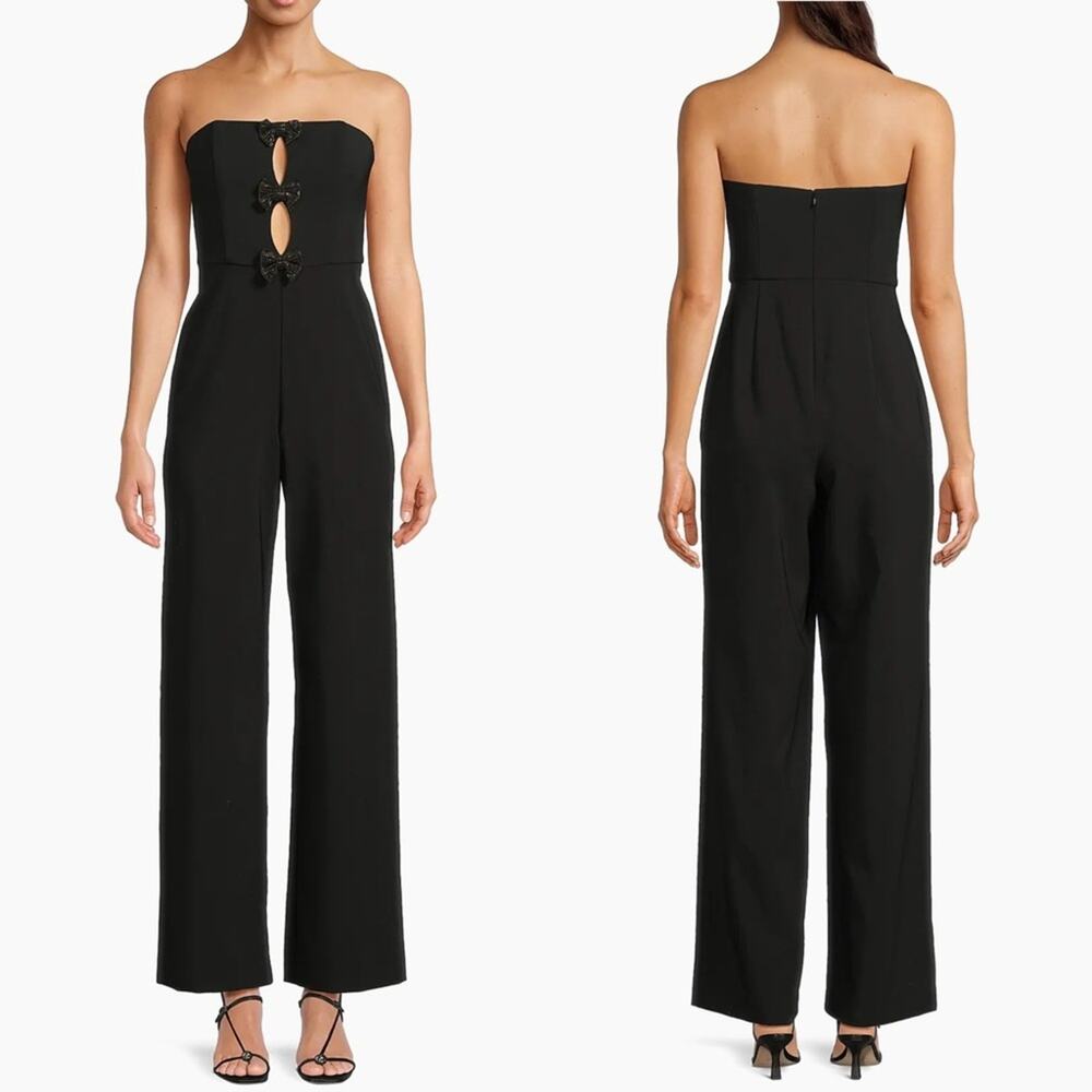 Liv Foster Strapless Jumpsuit 12 Black Bow Keyhole Crepe Stretch Formal Evening